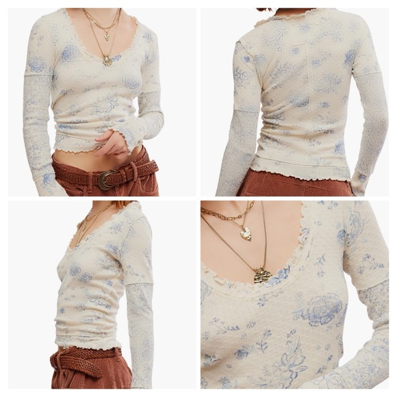 Free People NWT Clover Floral Long Sleeve 100% Cotton Thermal Top size medium - Picture 3 of 13